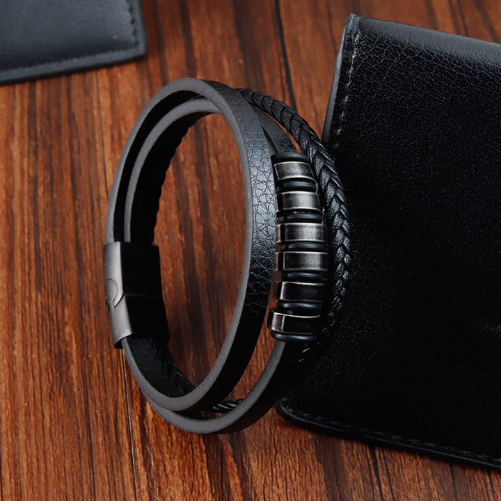 Buddha Stones Simple Titanium Steel Braided Three-layer Leather Buckle Calm Bracelet - image 8