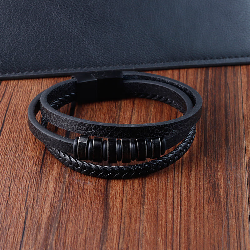 Buddha Stones Simple Titanium Steel Braided Three-layer Leather Buckle Calm Bracelet - image 4