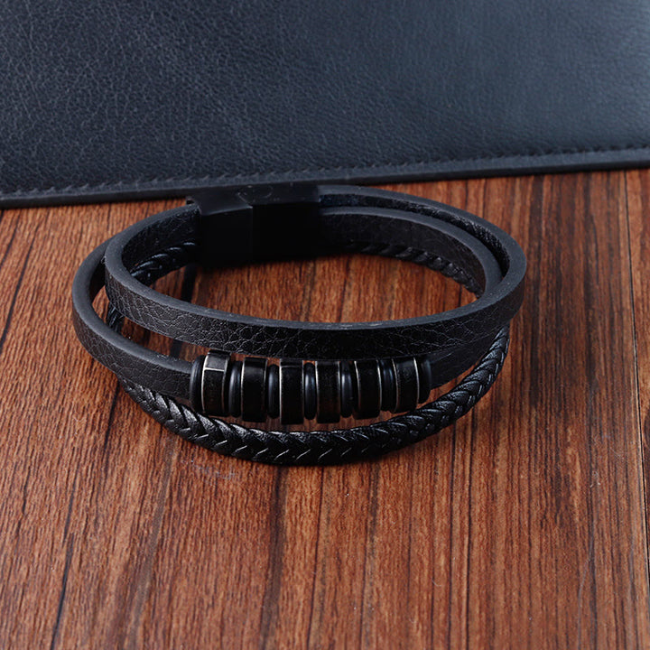 Buddha Stones Simple Titanium Steel Braided Three-layer Leather Buckle Calm Bracelet - image 4
