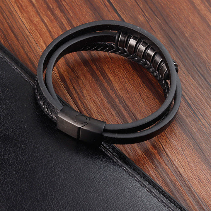 Buddha Stones Simple Titanium Steel Braided Three-layer Leather Buckle Calm Bracelet - image 3