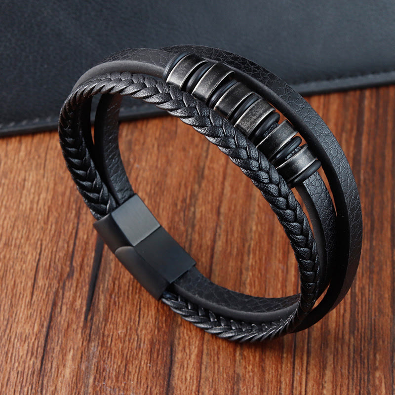 Buddha Stones Simple Titanium Steel Braided Three-layer Leather Buckle Calm Bracelet - image 1