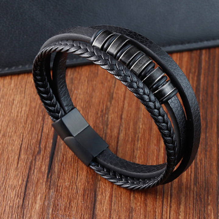 Buddha Stones Simple Titanium Steel Braided Three-layer Leather Buckle Calm Bracelet - image 1