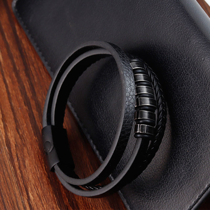 Buddha Stones Simple Titanium Steel Braided Three-layer Leather Buckle Calm Bracelet - image 9