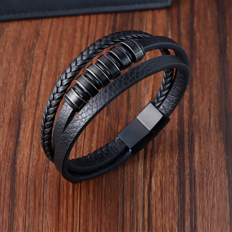 Buddha Stones Simple Titanium Steel Braided Three-layer Leather Buckle Calm Bracelet - image 7