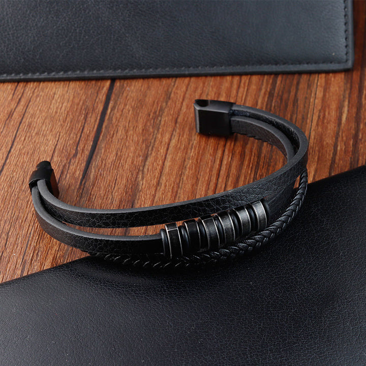 Buddha Stones Simple Titanium Steel Braided Three-layer Leather Buckle Calm Bracelet - image 2