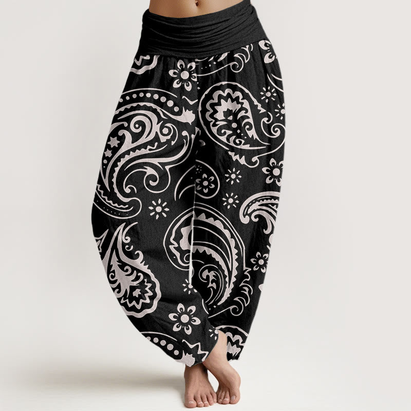 Buddha Stones Casual Elegant Paisley Floral Pattern Women's Elastic Waist Harem Pants - Black - US22，UK/AU26，EU54 (6XL) - image 0