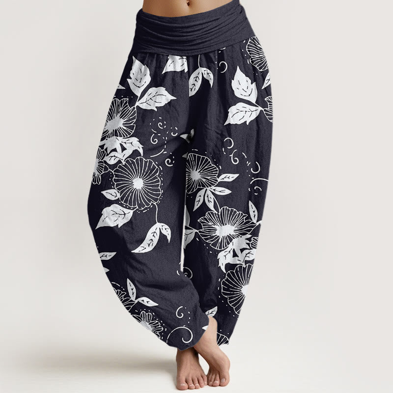 Buddha Stones Casual Vine Flowers Leaves Pattern Women's Elastic Waist Harem Pants - Black - US22，UK/AU26，EU54 (6XL) - image 0