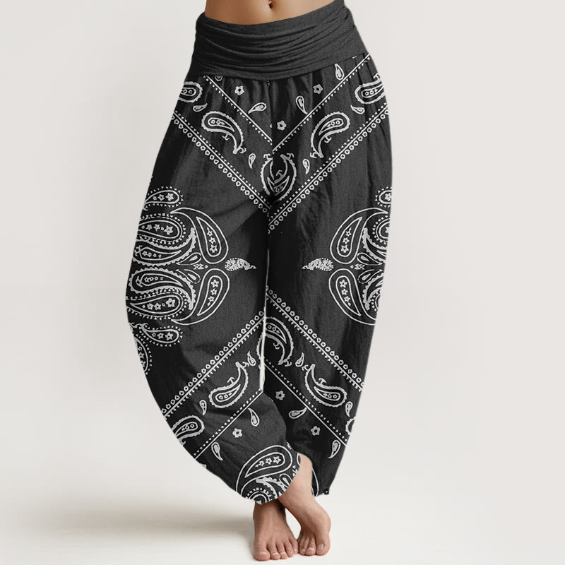 Buddha Stones Cotton Casual Floral Leaf Paisley Pattern Women's Elastic Waist Harem Pants - Black - US22，UK/AU26，EU54 (6XL) - image 0