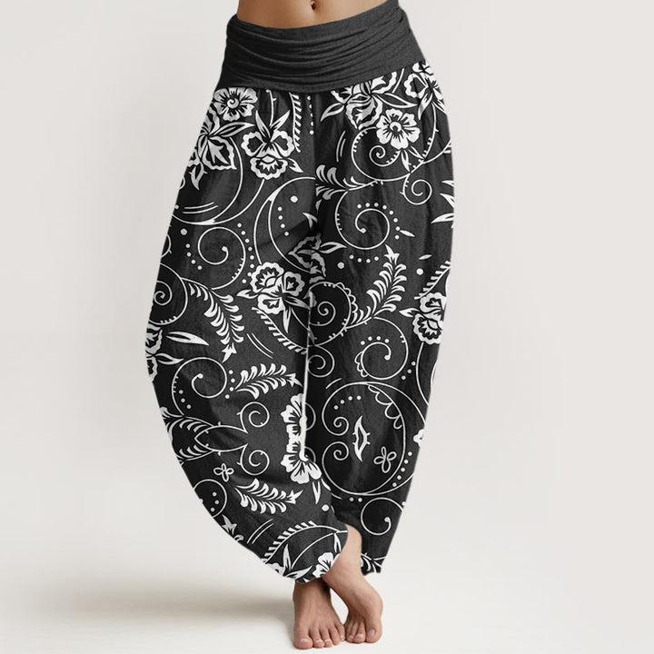 Buddha Stones Casual Floral Swirling Vines Pattern Women's Elastic Waist Harem Pants - Black - US22，UK/AU26，EU54 (6XL) - image 7