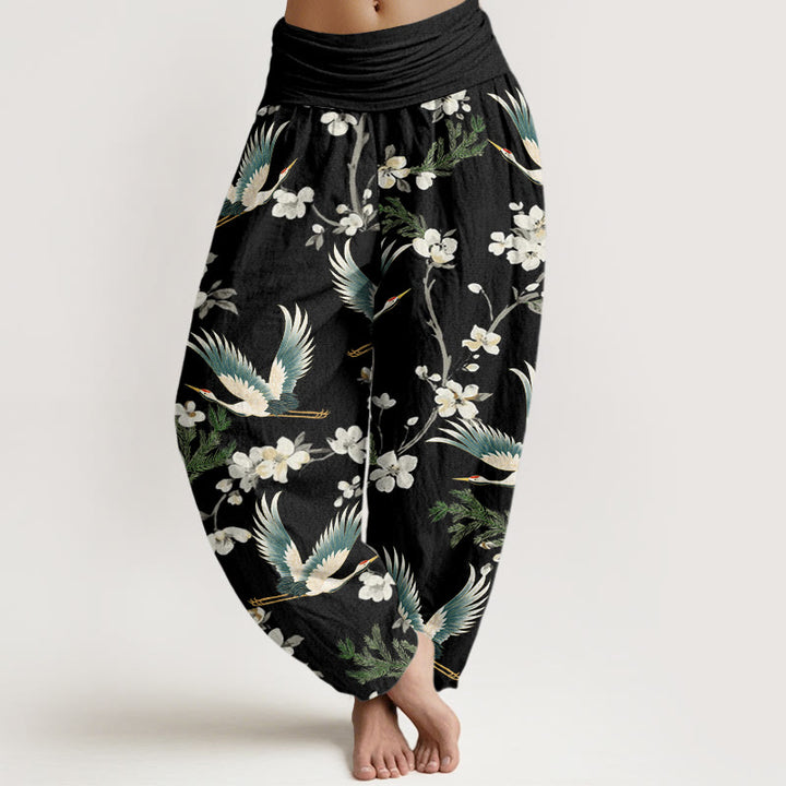 Buddha Stones Casual Flying Crane Flower Pattern Women's Elastic Waist Harem Pants - Black - US22，UK/AU26，EU54 (6XL) - image 0