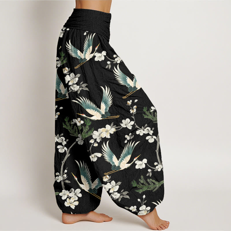 Buddha Stones Casual Flying Crane Flower Pattern Women's Elastic Waist Harem Pants - image 1