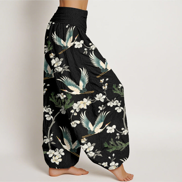 Buddha Stones Casual Flying Crane Flower Pattern Women's Elastic Waist Harem Pants - image 1