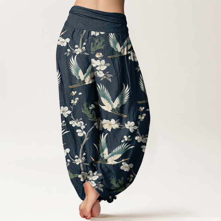 Buddha Stones Casual Flying Crane Flower Pattern Women's Elastic Waist Harem Pants - image 6