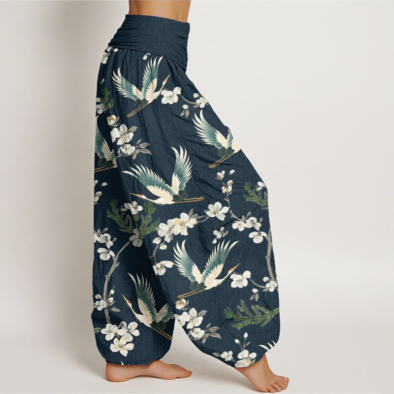 Buddha Stones Casual Flying Crane Flower Pattern Women's Elastic Waist Harem Pants - image 5