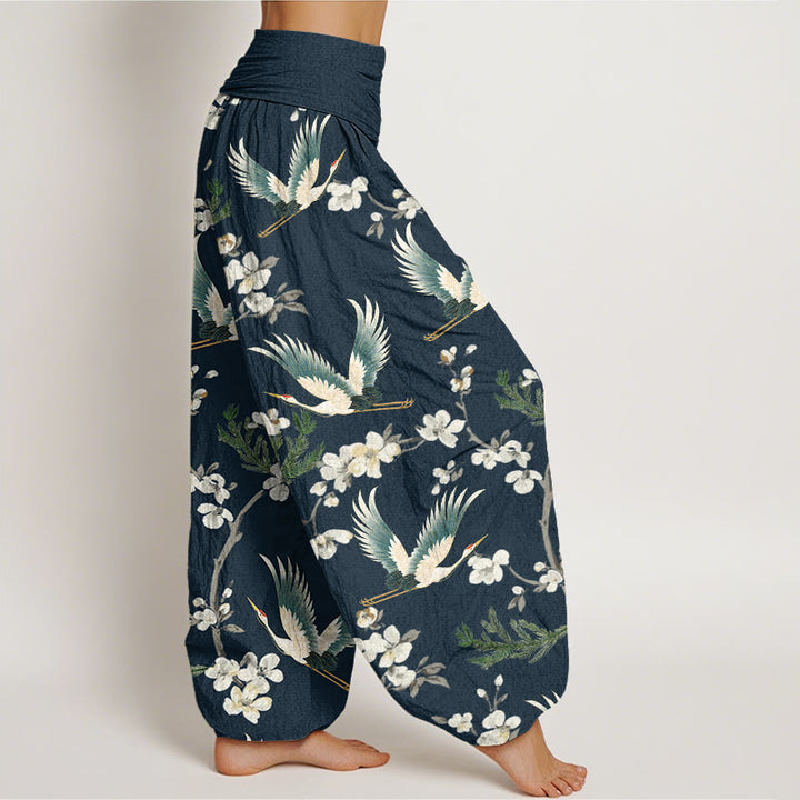 Buddha Stones Casual Flying Crane Flower Pattern Women's Elastic Waist Harem Pants - image 5