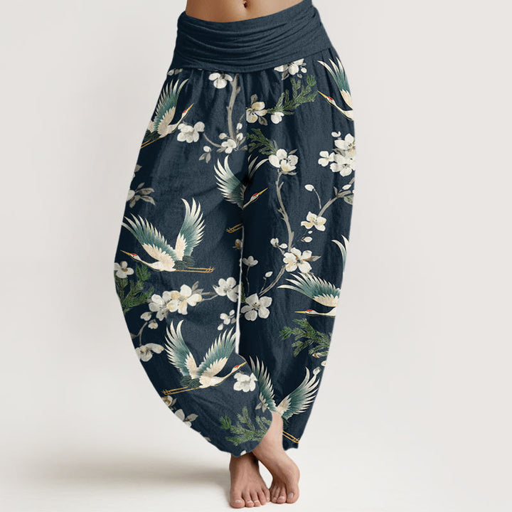 Buddha Stones Casual Flying Crane Flower Pattern Women's Elastic Waist Harem Pants - Navy - US22，UK/AU26，EU54 (6XL) - image 4