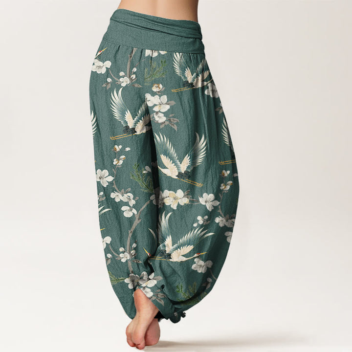 Buddha Stones Casual Flying Crane Flower Pattern Women's Elastic Waist Harem Pants - image 9