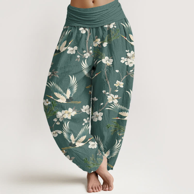 Buddha Stones Casual Flying Crane Flower Pattern Women's Elastic Waist Harem Pants - MediumAquamarine - US22，UK/AU26，EU54 (6XL) - image 7