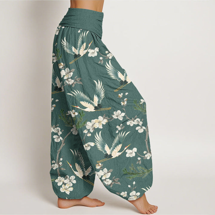Buddha Stones Casual Flying Crane Flower Pattern Women's Elastic Waist Harem Pants - image 8