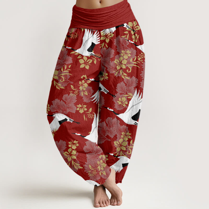 Buddha Stones Casual Flying Crane Cherry Blossoms Pattern Women's Elastic Waist Harem Pants - FireBrick - US22，UK/AU26，EU54 (6XL) - image 0