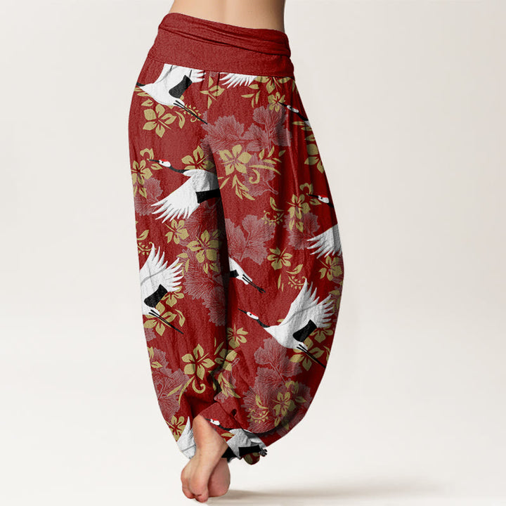 Buddha Stones Casual Flying Crane Cherry Blossoms Pattern Women's Elastic Waist Harem Pants - image 2