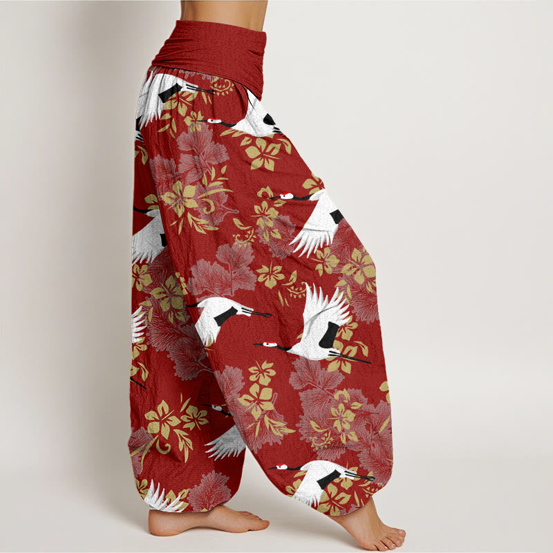 Buddha Stones Casual Flying Crane Cherry Blossoms Pattern Women's Elastic Waist Harem Pants - image 1