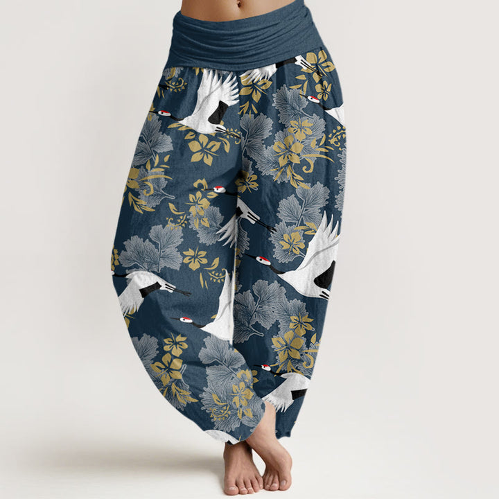 Buddha Stones Casual Flying Crane Cherry Blossoms Pattern Women's Elastic Waist Harem Pants - SteelBlue - US22，UK/AU26，EU54 (6XL) - image 4