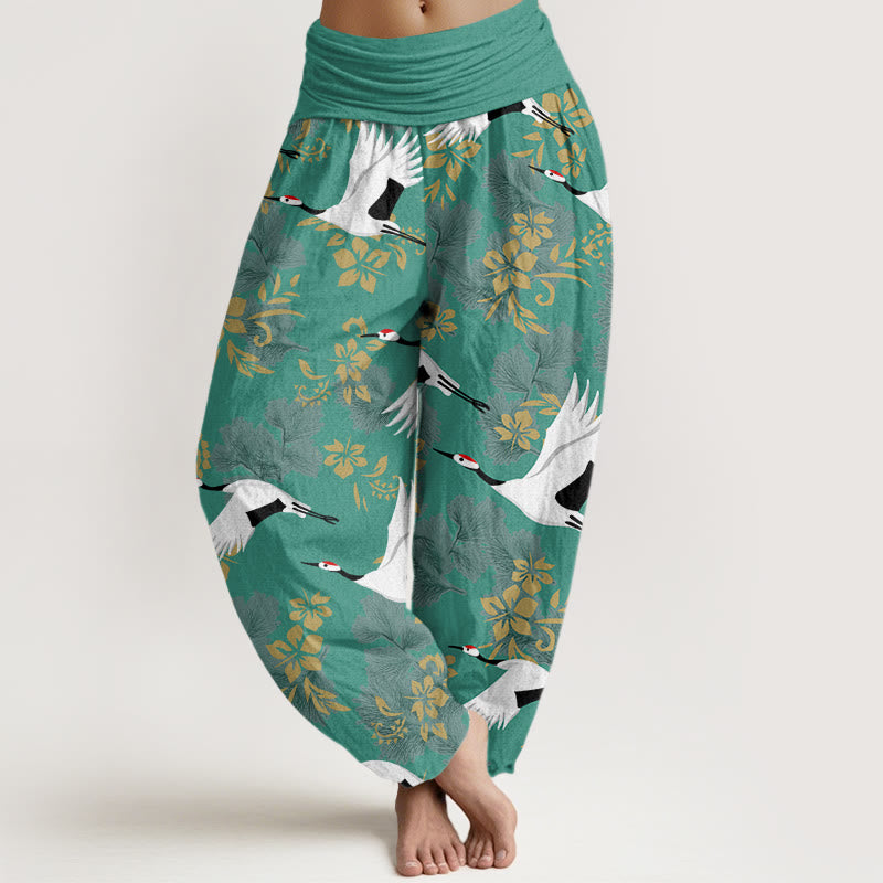 Buddha Stones Casual Flying Crane Cherry Blossoms Pattern Women's Elastic Waist Harem Pants - LightSeaGreen - US22，UK/AU26，EU54 (6XL) - image 7
