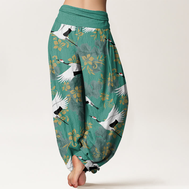 Buddha Stones Casual Flying Crane Cherry Blossoms Pattern Women's Elastic Waist Harem Pants - image 8