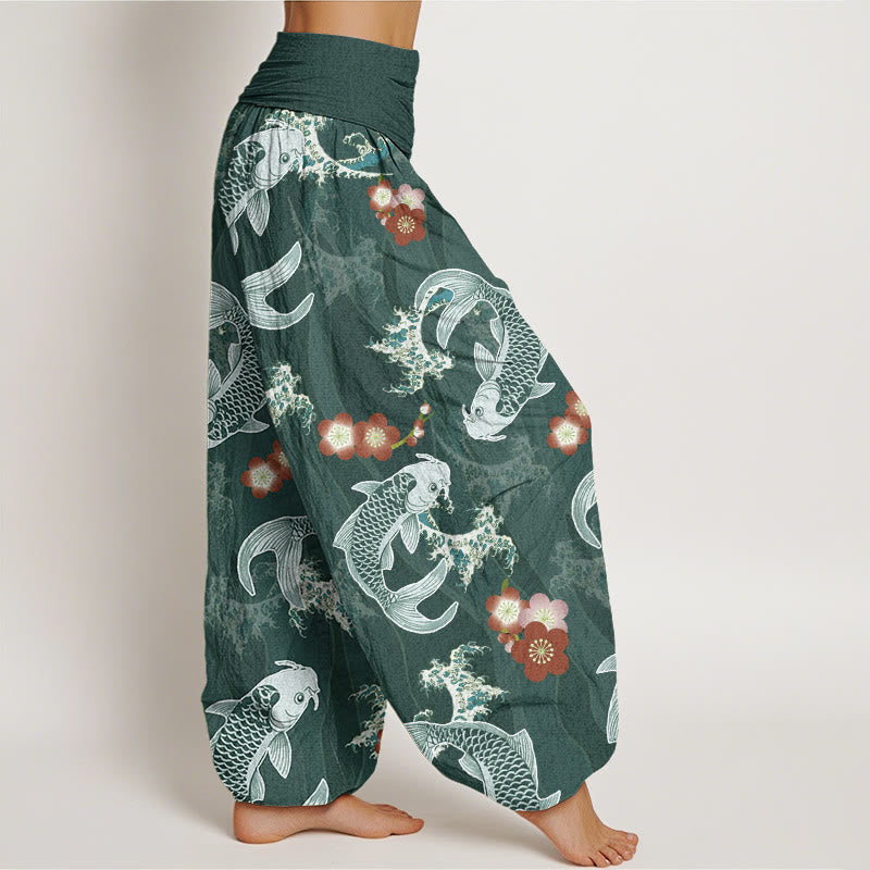 Buddha Stones Casual Koi Fish Cherry Blossoms Pattern Women's Elastic Waist Harem Pants - image 1