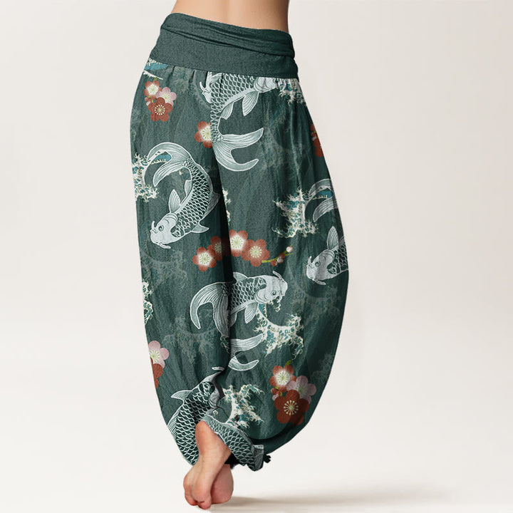 Buddha Stones Casual Koi Fish Cherry Blossoms Pattern Women's Elastic Waist Harem Pants - image 2