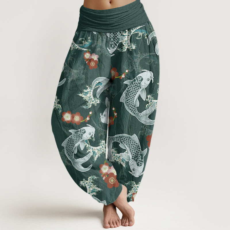 Buddha Stones Casual Koi Fish Cherry Blossoms Pattern Women's Elastic Waist Harem Pants - DarkCyan - US22，UK/AU26，EU54 (6XL) - image 0