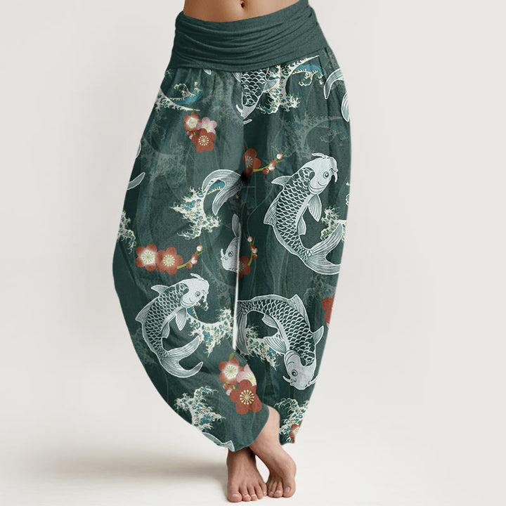 Buddha Stones Casual Koi Fish Cherry Blossoms Pattern Women's Elastic Waist Harem Pants - DarkCyan - US22，UK/AU26，EU54 (6XL) - image 0