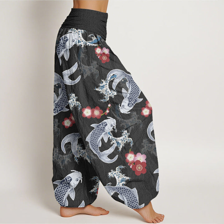Buddha Stones Casual Koi Fish Cherry Blossoms Pattern Women's Elastic Waist Harem Pants - image 5