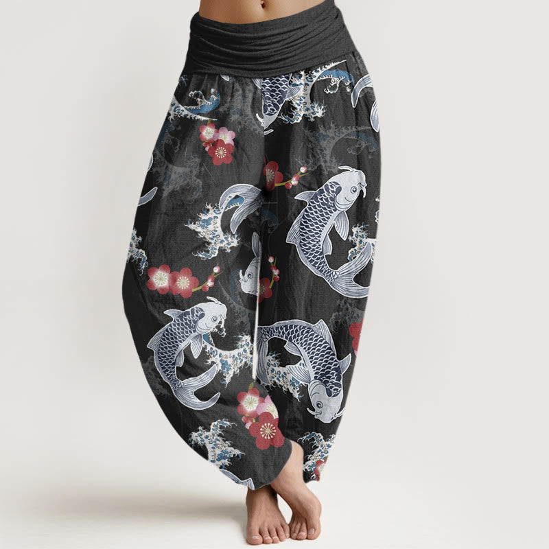 Buddha Stones Casual Koi Fish Cherry Blossoms Pattern Women's Elastic Waist Harem Pants - Black - US22，UK/AU26，EU54 (6XL) - image 4