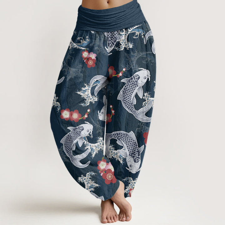 Buddha Stones Casual Koi Fish Cherry Blossoms Pattern Women's Elastic Waist Harem Pants - SteelBlue - US22，UK/AU26，EU54 (6XL) - image 7