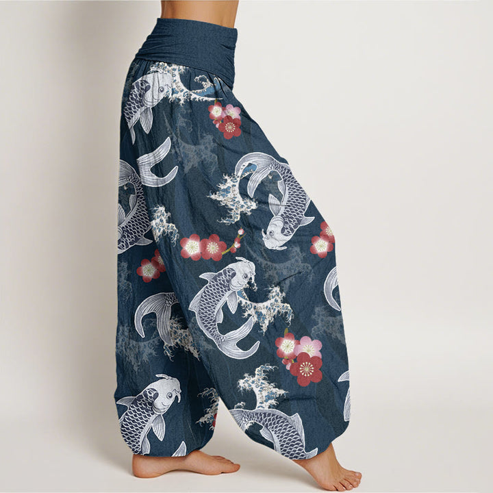 Buddha Stones Casual Koi Fish Cherry Blossoms Pattern Women's Elastic Waist Harem Pants - image 8