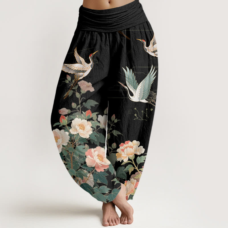 Buddha Stones Casual Crane Peony Pattern Women's Elastic Waist Harem Pants - Black - US22，UK/AU26，EU54 (6XL) - image 0