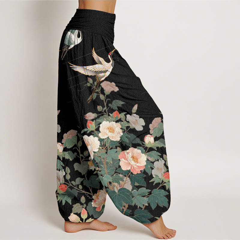 Buddha Stones Casual Crane Peony Pattern Women's Elastic Waist Harem Pants - image 1