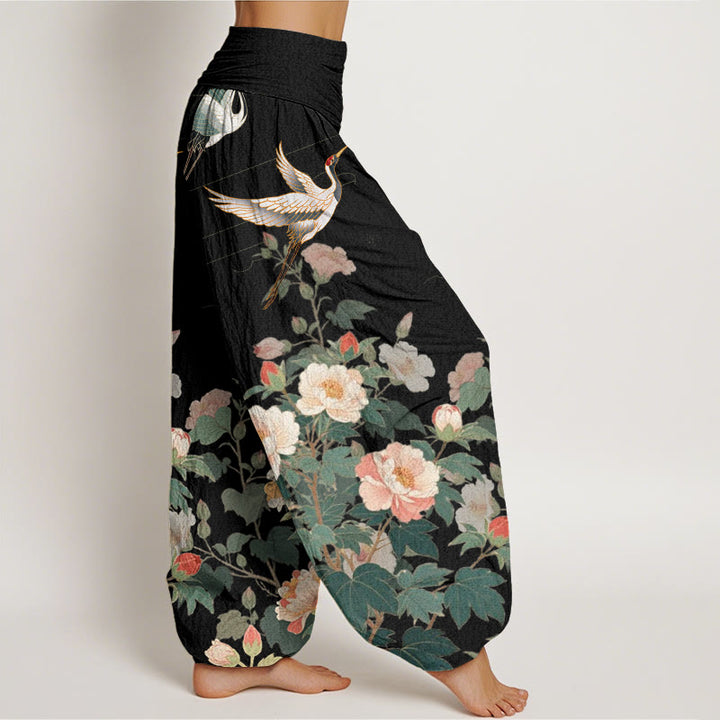 Buddha Stones Casual Crane Peony Pattern Women's Elastic Waist Harem Pants - image 1