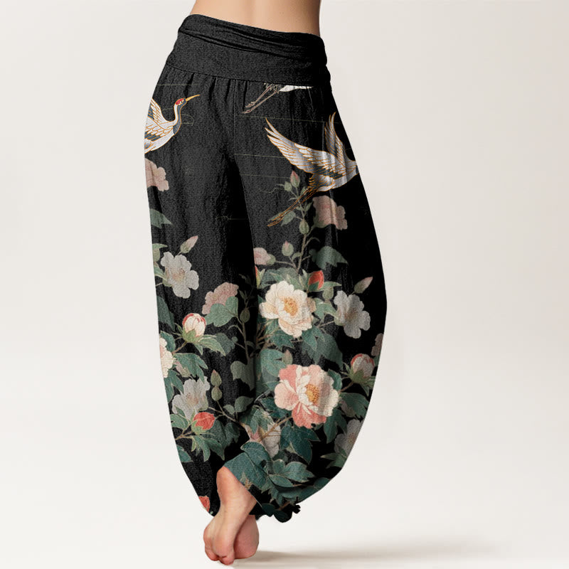 Buddha Stones Casual Crane Peony Pattern Women's Elastic Waist Harem Pants - image 2