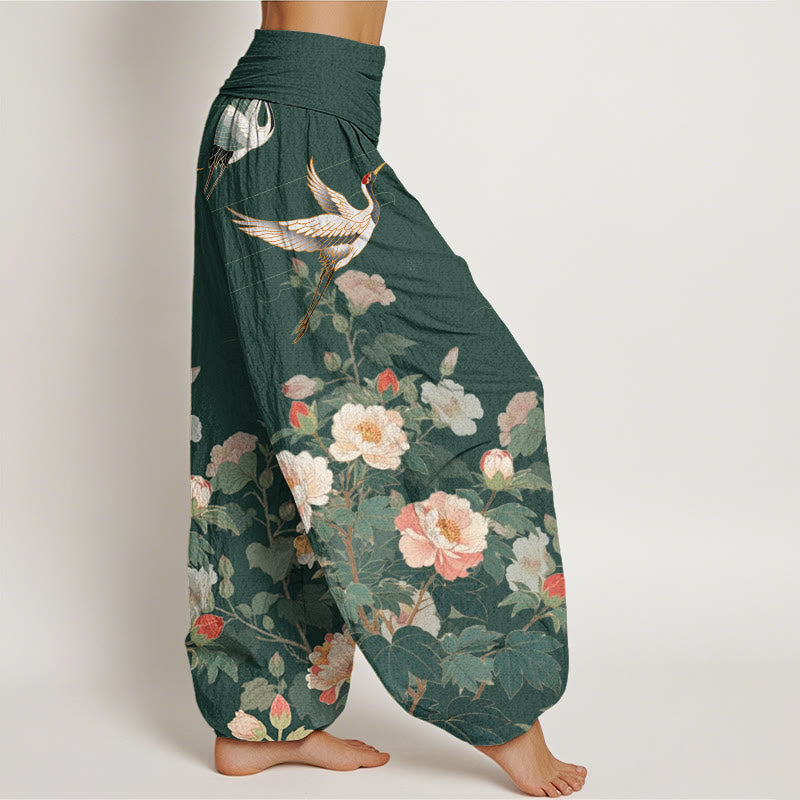 Buddha Stones Casual Crane Peony Pattern Women's Elastic Waist Harem Pants - image 5
