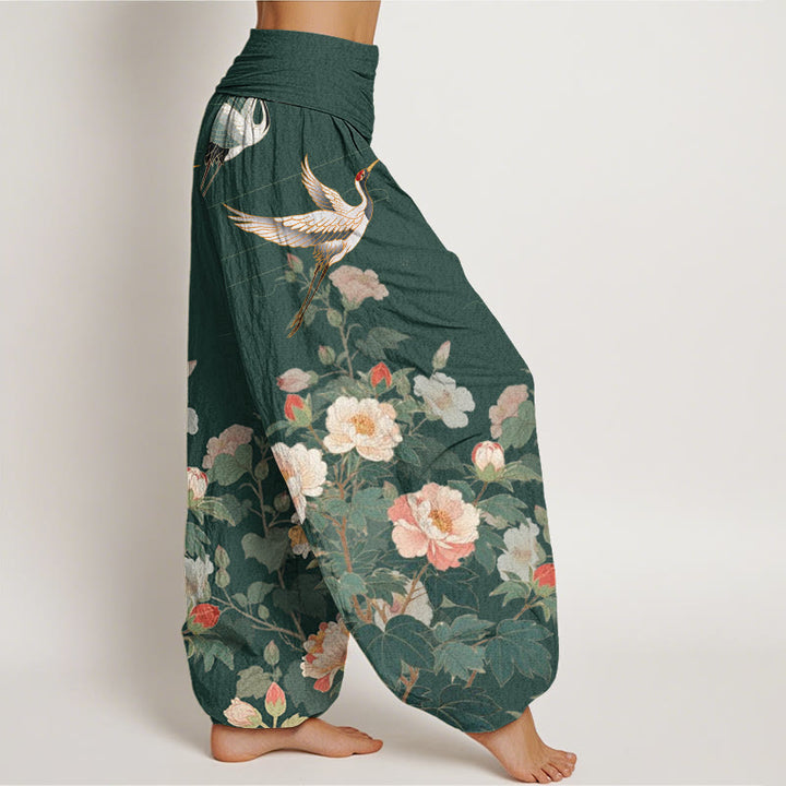 Buddha Stones Casual Crane Peony Pattern Women's Elastic Waist Harem Pants - image 5
