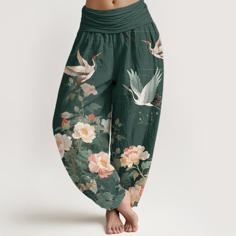 Buddha Stones Casual Crane Peony Pattern Women's Elastic Waist Harem Pants - DarkGreen - US22，UK/AU26，EU54 (6XL) - image 4