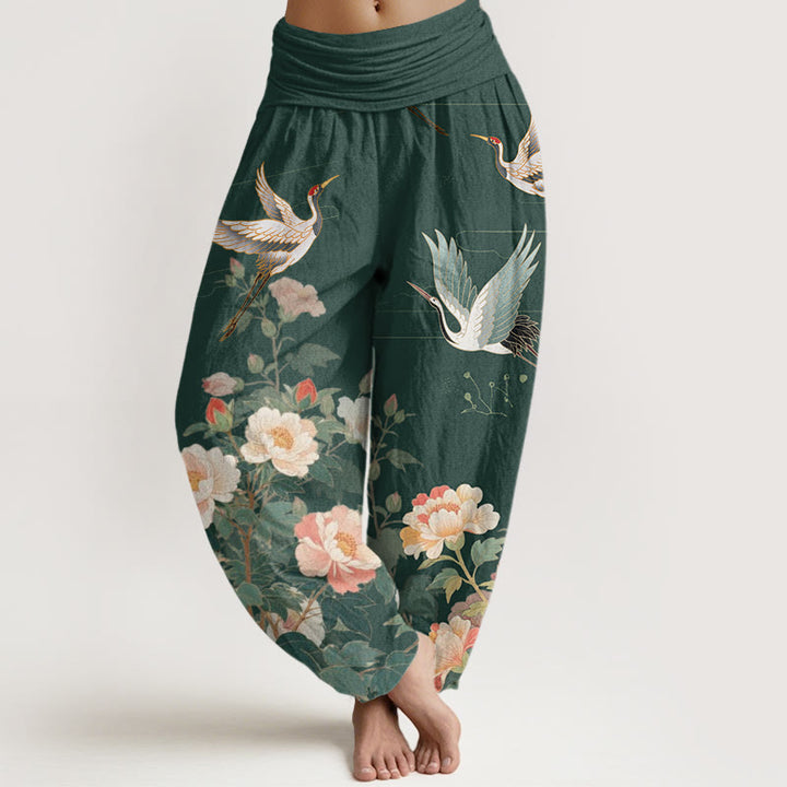 Buddha Stones Casual Crane Peony Pattern Women's Elastic Waist Harem Pants - DarkGreen - US22，UK/AU26，EU54 (6XL) - image 4