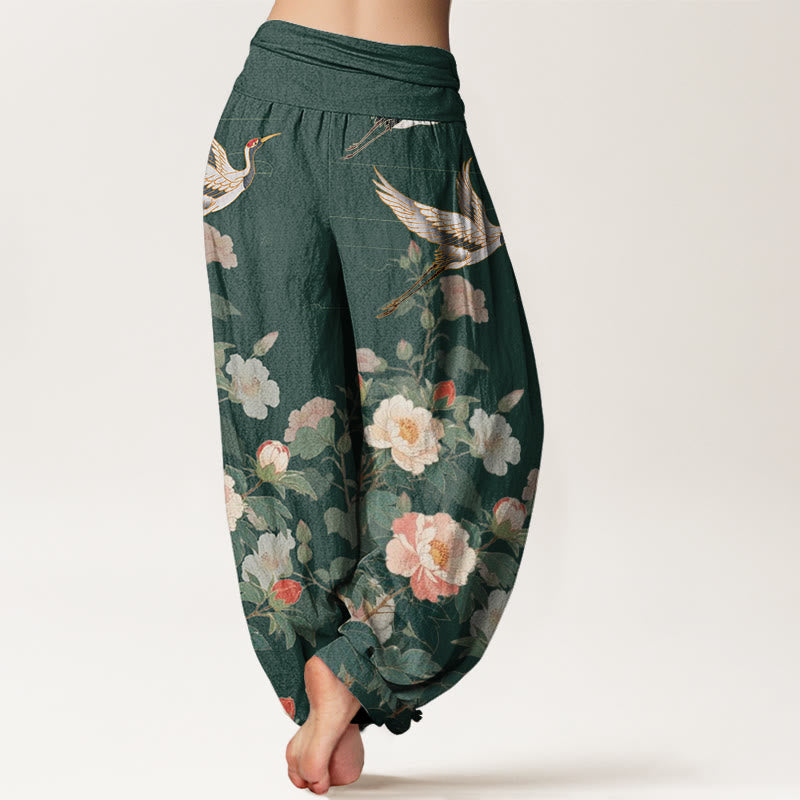 Buddha Stones Casual Crane Peony Pattern Women's Elastic Waist Harem Pants - image 6