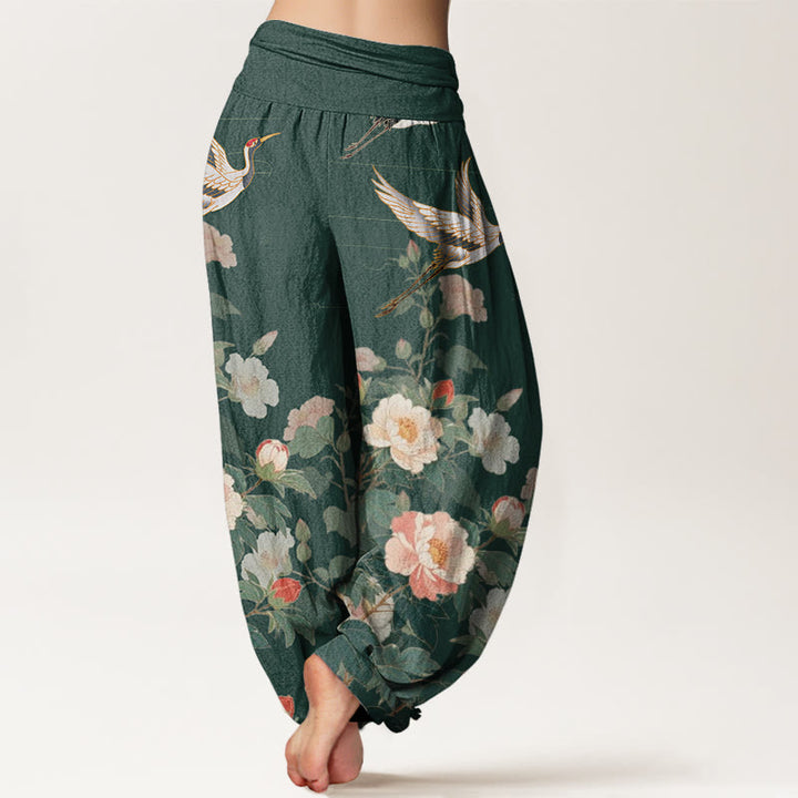 Buddha Stones Casual Crane Peony Pattern Women's Elastic Waist Harem Pants - image 6