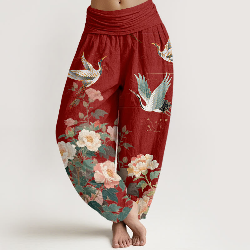 Buddha Stones Casual Crane Peony Pattern Women's Elastic Waist Harem Pants - FireBrick - US22，UK/AU26，EU54 (6XL) - image 7