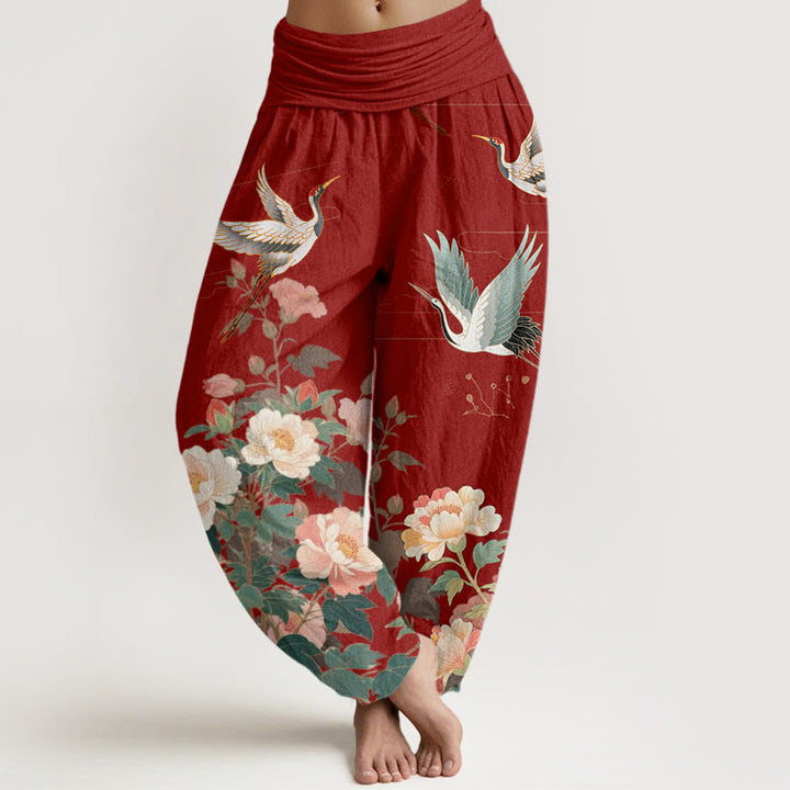Buddha Stones Casual Crane Peony Pattern Women's Elastic Waist Harem Pants - FireBrick - US22，UK/AU26，EU54 (6XL) - image 7
