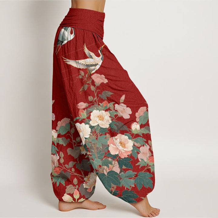 Buddha Stones Casual Crane Peony Pattern Women's Elastic Waist Harem Pants - image 8